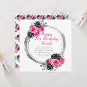 ホットピンクとシルバーフラワーエレガント誕生日 カード (正面/裏面インサイチュ)