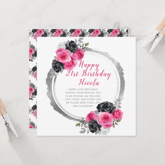 ホットピンクとシルバーフラワーエレガント誕生日 カード (正面/裏面インサイチュ)