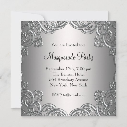 ホットピンクとシルバーマスクマスカレードパーティー 招待状 (裏面)