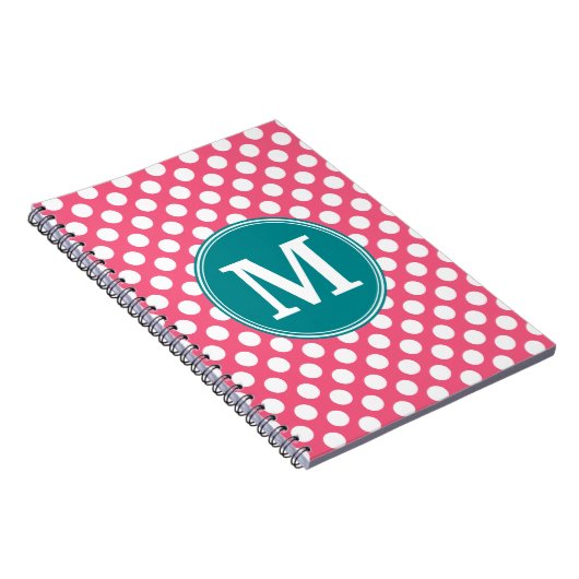 ホットピンクとティール(緑がかった色)の水玉模様とカスタムモノグラム ノートブック (右側)