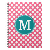 ホットピンクとティール(緑がかった色)の水玉模様とカスタムモノグラム ノートブック (正面)