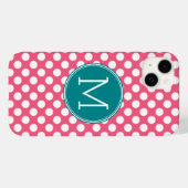 ホットピンクとティール(緑がかった色)の水玉模様とカスタムモノグラム Case-Mate iPhoneケース (裏面 (横))