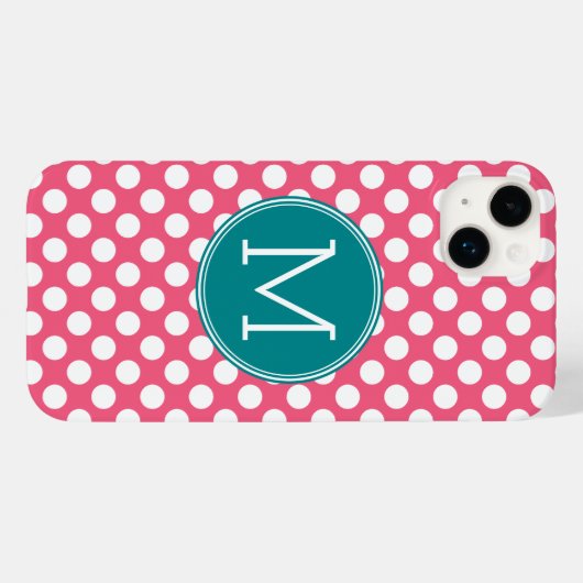 ホットピンクとティール(緑がかった色)の水玉模様とカスタムモノグラム Case-Mate iPhoneケース (裏面 (横))