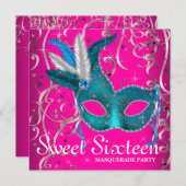 ホットピンクとティール（緑がかった色）ブルーのSweet sixteenパーティー 招待状 (正面/裏面)
