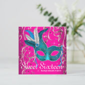 ホットピンクとティール（緑がかった色）ブルーのSweet sixteenパーティー 招待状 (スタンド正面)