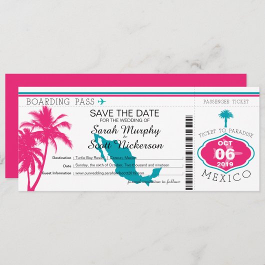 ホットピンクとティール（緑がかった色）メキシコに日付を保存 セーブザデート (正面/裏面)