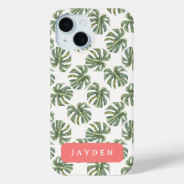 ホットピンクとトロピカルパームリーフ名前をカスタムする iPhone 15ケース