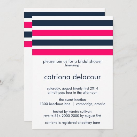 ホットピンクとネイビーのストライプブライダルシャワー招待 招待状 (正面/裏面)