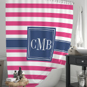 ホットピンクとネイビーのストライプモノグラ航海のム シャワーカーテン