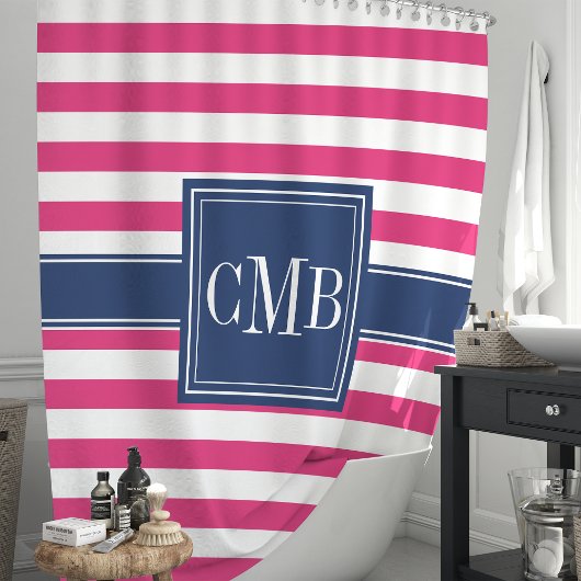 ホットピンクとネイビーのストライプモノグラ航海のム シャワーカーテン