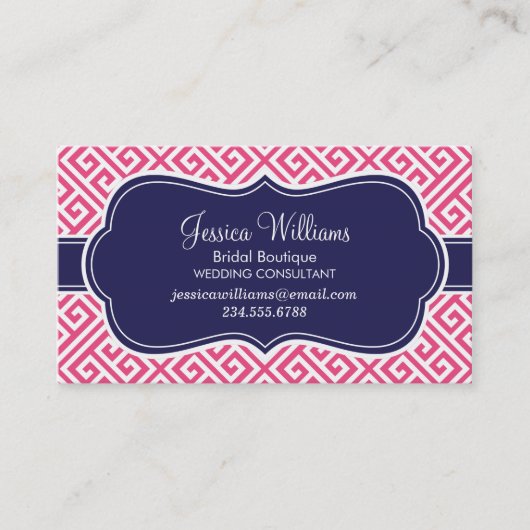 ホットピンクとネイビーブルーのギリシャ鍵パターン 名刺 (正面)
