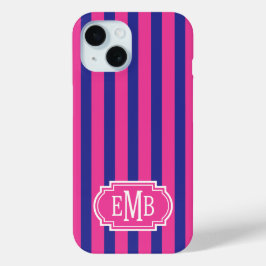 ホットピンクとネイビーブルーのモノグラムストライプ iPhone 15ケース