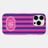 ホットピンクとネイビーブルーのモノグラムストライプ Case-Mate iPhoneケース (裏面 (横))