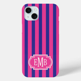 ホットピンクとネイビーブルーのモノグラムストライプ iPhone 15 MINIケース