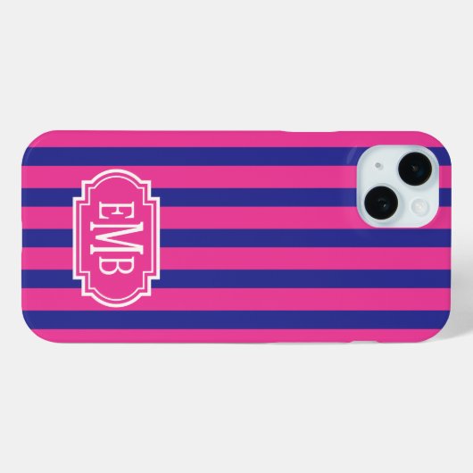 ホットピンクとネイビーブルーのモノグラムストライプ Case-Mate iPhoneケース (裏面 (横))