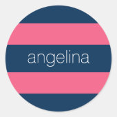 ホットピンクとネイビーモダングのストライプ名前つきラグビー ラウンドシール (正面)