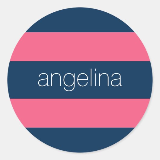 ホットピンクとネイビーモダングのストライプ名前つきラグビー ラウンドシール (正面)