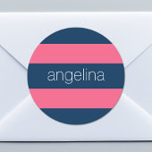 ホットピンクとネイビーモダングのストライプ名前つきラグビー ラウンドシール