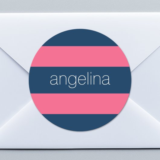 ホットピンクとネイビーモダングのストライプ名前つきラグビー ラウンドシール