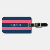 ホットピンクとネイビーモダングのストライプ名前つきラグビー ラゲッジタグ (正面横)