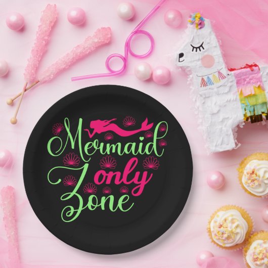 ホットピンクとネオングリーンのマーメイド専用ゾーン ペーパープレート (パーティー)