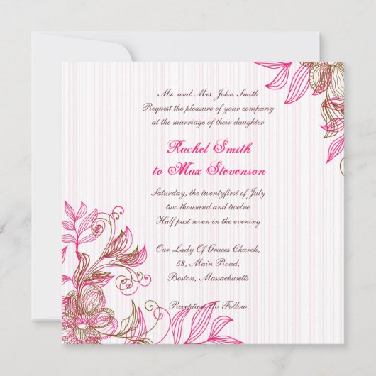 ホットピンクとブラウンのフローラ結婚式招待状 招待状 (正面)