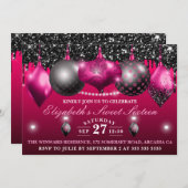 ホットピンクとブラックのクリスマスオーナメント スイート16 招待状 (正面/裏面)