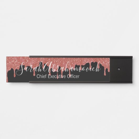 ホットピンクとブラックのグリッタードリップスオフィスドアサイン サインプレート (正面)