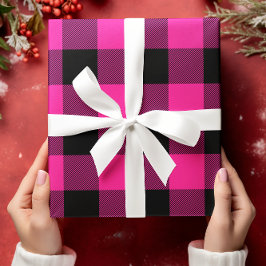 ホットピンクとブラックのバファロープレイドクリスマス ラッピングペーパーシート