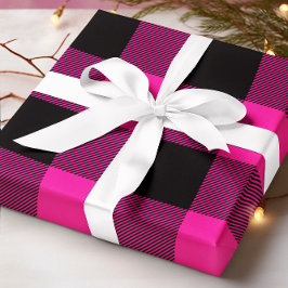 ホットピンクとブラックのバファロープレイド クリスマス ラッピングペーパー