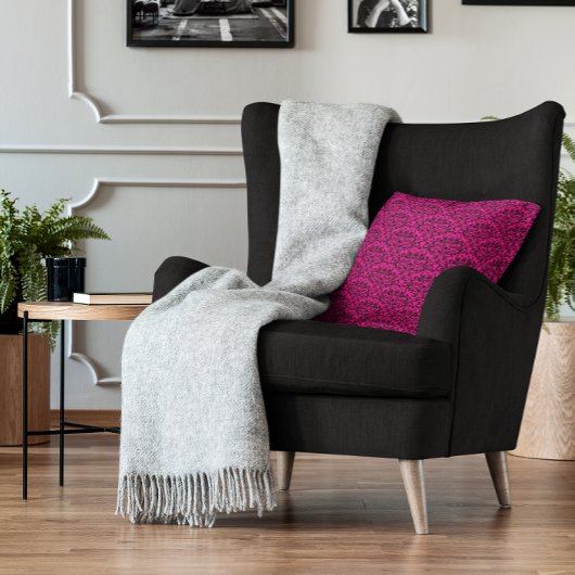 ホットピンクとブラックのバラフローラダマスク クッション