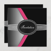 ホットピンクとブラックのパーティー 招待状 (正面/裏面)