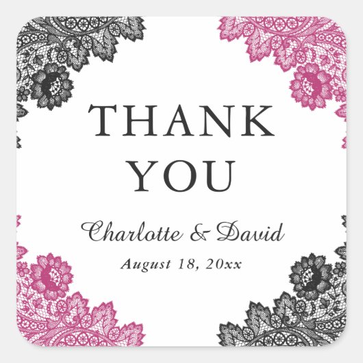 ホットピンクとブラックのフローラレース結婚の感謝 スクエアシール (正面)