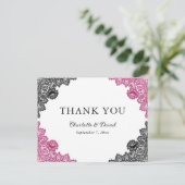 ホットピンクとブラックのフローラレース結婚の感謝 ポストカード (スタンド正面)