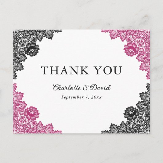 ホットピンクとブラックのフローラレース結婚の感謝 ポストカード (正面)