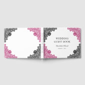 ホットピンクとブラックのフローラレー結婚ス ゲストブック (全面)