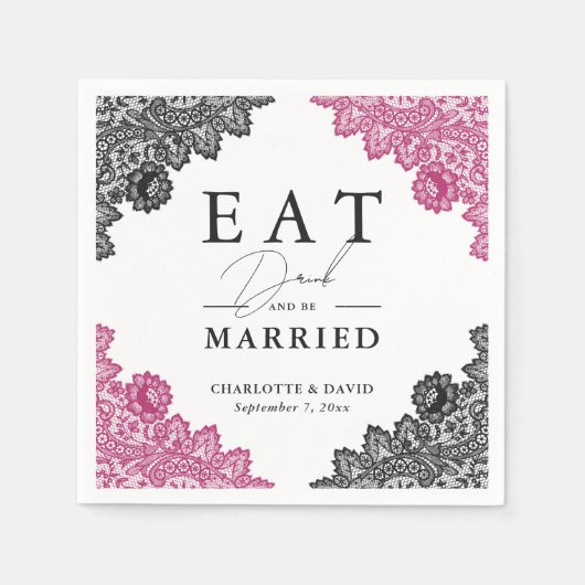 ホットピンクとブラックのフローラレー結婚ス スタンダードカクテルナプキン (正面)