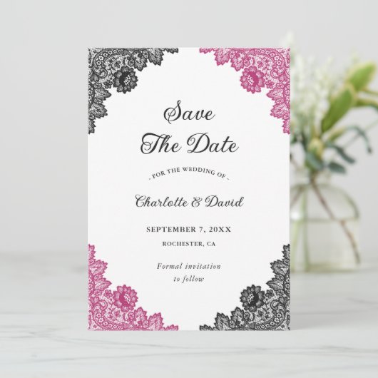 ホットピンクとブラックのフローラレー結婚ス セーブザデート (スタンド正面)