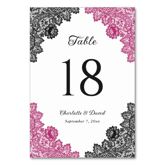 ホットピンクとブラックのフローラレー結婚ス テーブルナンバー (正面)