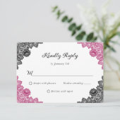 ホットピンクとブラックのフローラレー結婚ス 出欠カード (スタンド正面)