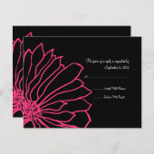 ホットピンクとブラックのフローラ結婚式招待状RSVP 出欠カード (正面/裏面)