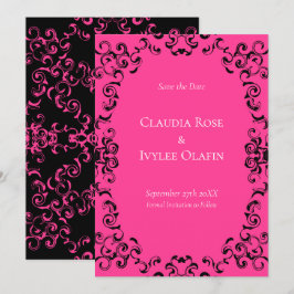 ホットピンクとブラックの渦巻きゴシックウェディング 招待状
