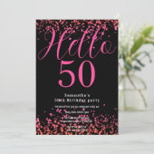 ホットピンクとブラックの疑似ラメ 50歳の誕生日 招待状 (スタンド正面)
