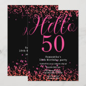 ホットピンクとブラックの疑似ラメ 50歳の誕生日 招待状 (正面/裏面)