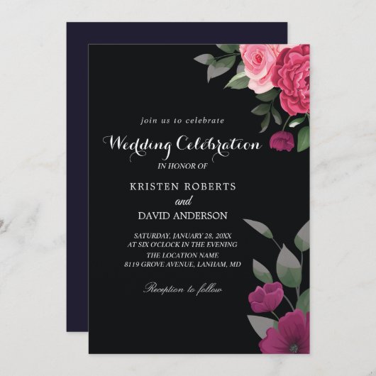 ホットピンクとブラックの結婚式招待状 招待状 (正面/裏面)