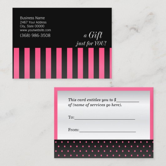 ホットピンクとブラックギフト証明書 割引カード (正面/裏面)