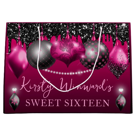 ホットピンクとブラッククリスマスオーナメントスウィート16 ラージペーパーバッグ (正面)