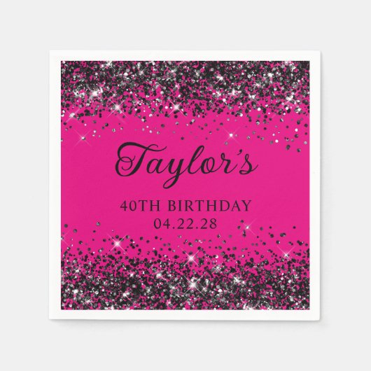 ホットピンクとブラックグリッターの40歳の誕生日 スタンダードカクテルナプキン (正面)