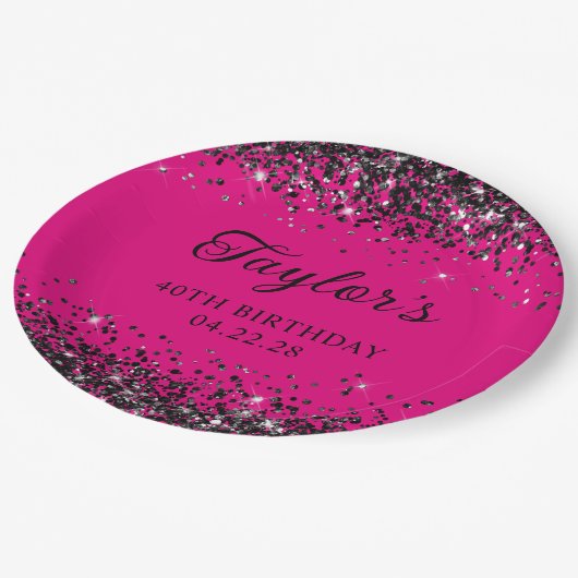 ホットピンクとブラックグリッター40歳の誕生日 ペーパープレート (アングル)