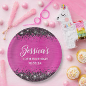 ホットピンクとブラックグリッター50誕生日 ペーパープレート (パーティー)